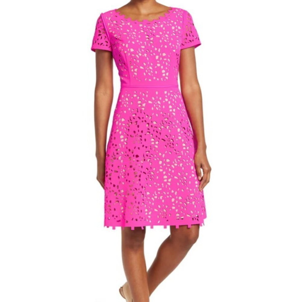 Shani Black Hot Pink Nude Laser Cut Floral Off Shoulder Fit Flare Dress